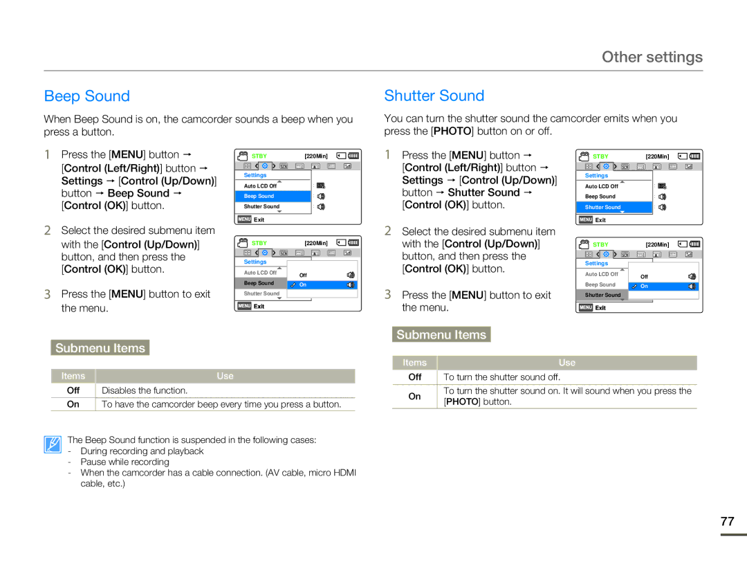 Samsung HMX-F800SP, HMX-F80SP, HMX-F80BP, HMX-F800BP user manual Beep Sound, Shutter Sound 