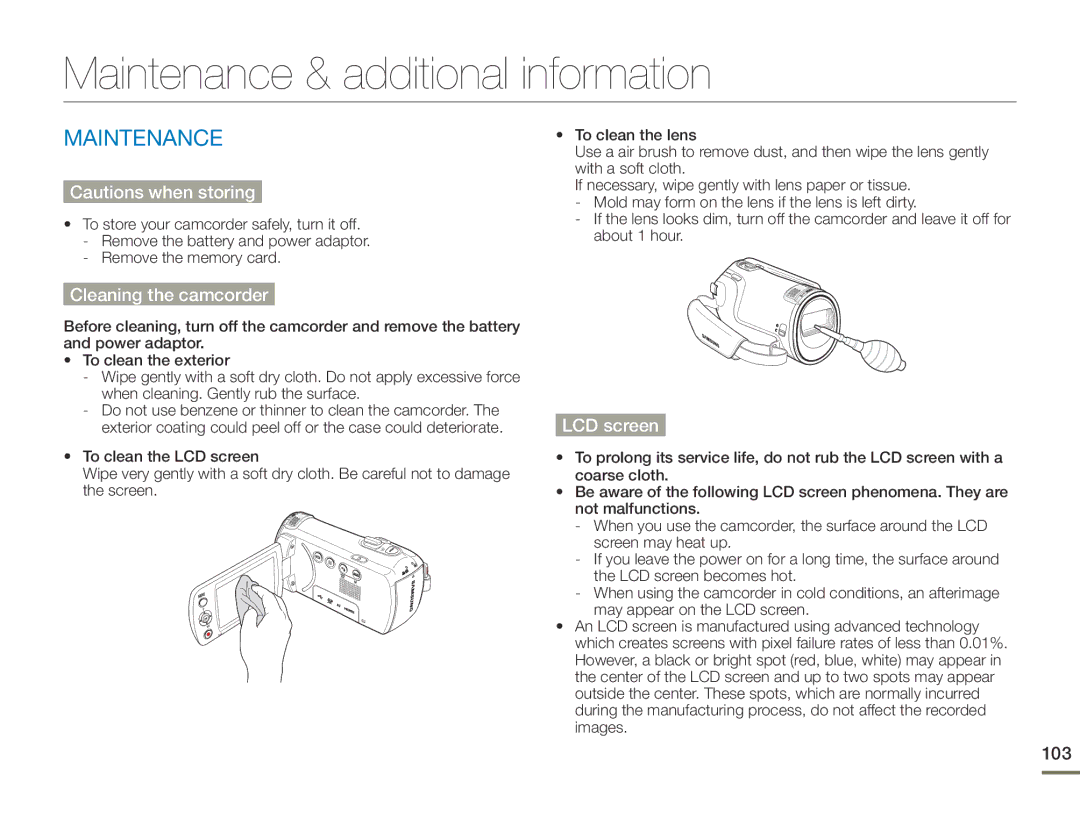 Samsung HMX-F90BN/XAA, HMX-F90WN/XAA Maintenance & additional information, Cleaning the camcorder, LCD screen, 103 