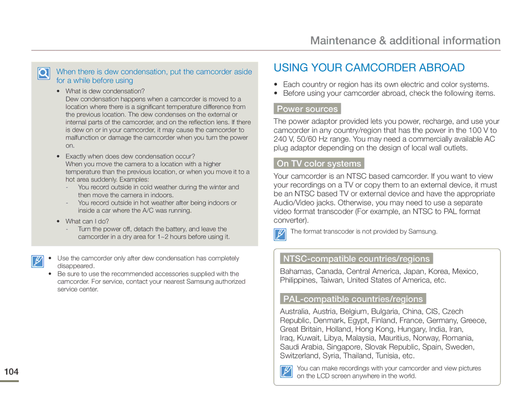 Samsung HMX-F90BN/XAA, HMX-F90WN/XAA user manual Maintenance & additional information, Using Your Camcorder Abroad 