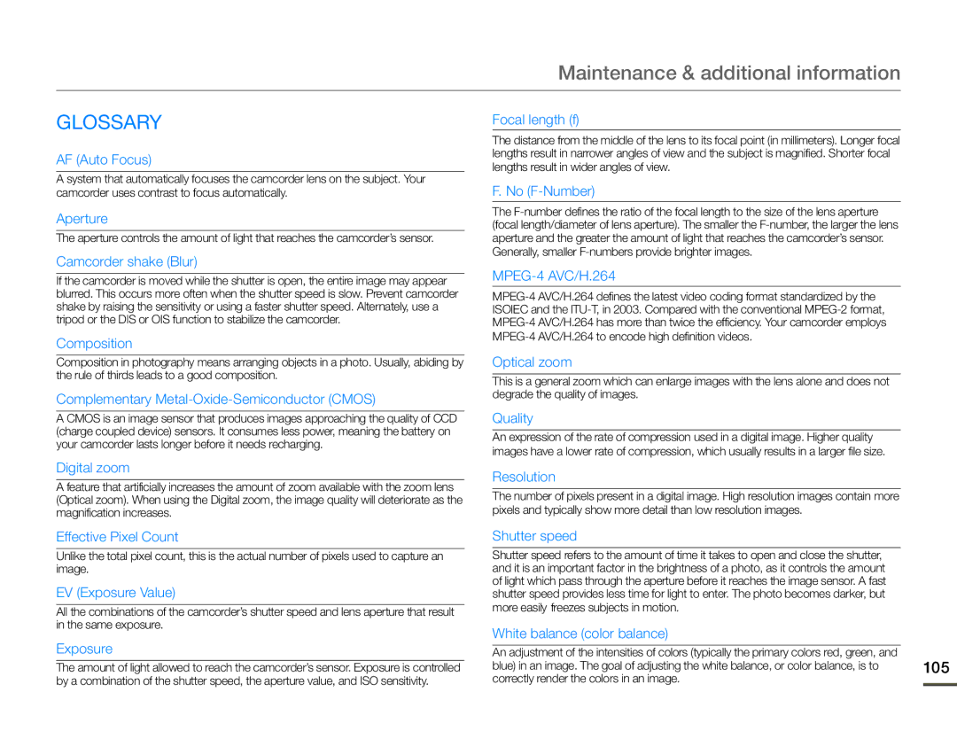 Samsung HMX-F90WN/XAA, HMX-F90BN/XAA user manual Glossary 