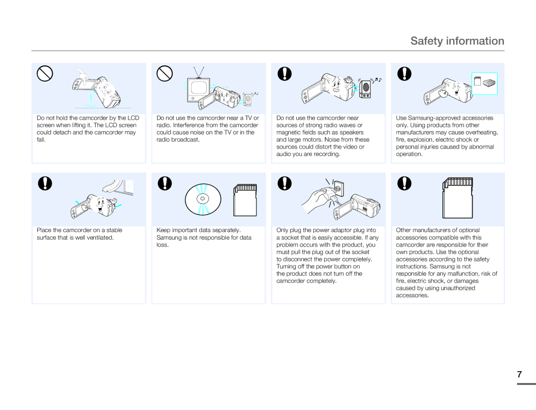 Samsung HMX-F90BN/XAA, HMX-F90WN/XAA user manual Safety information 