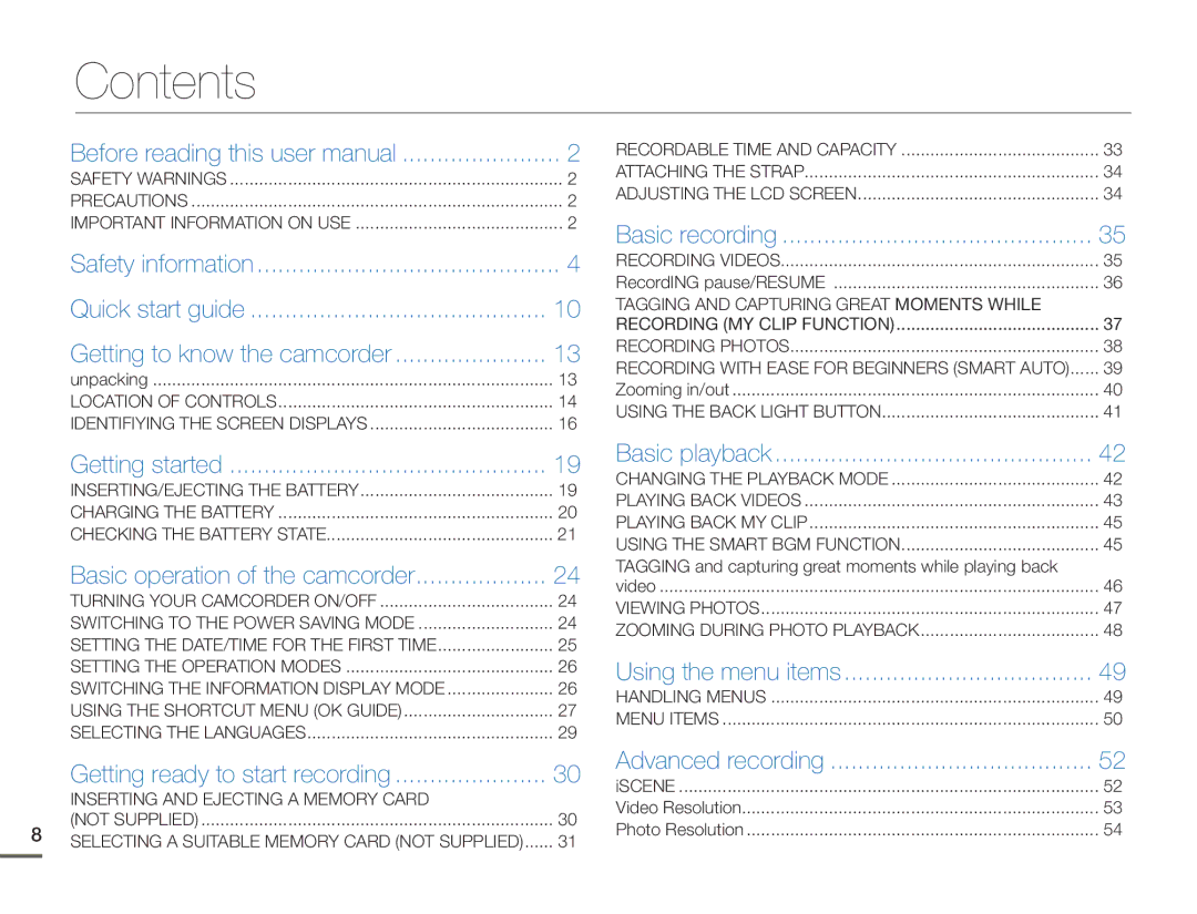 Samsung HMX-F90BN/XAA, HMX-F90WN/XAA user manual Contents 