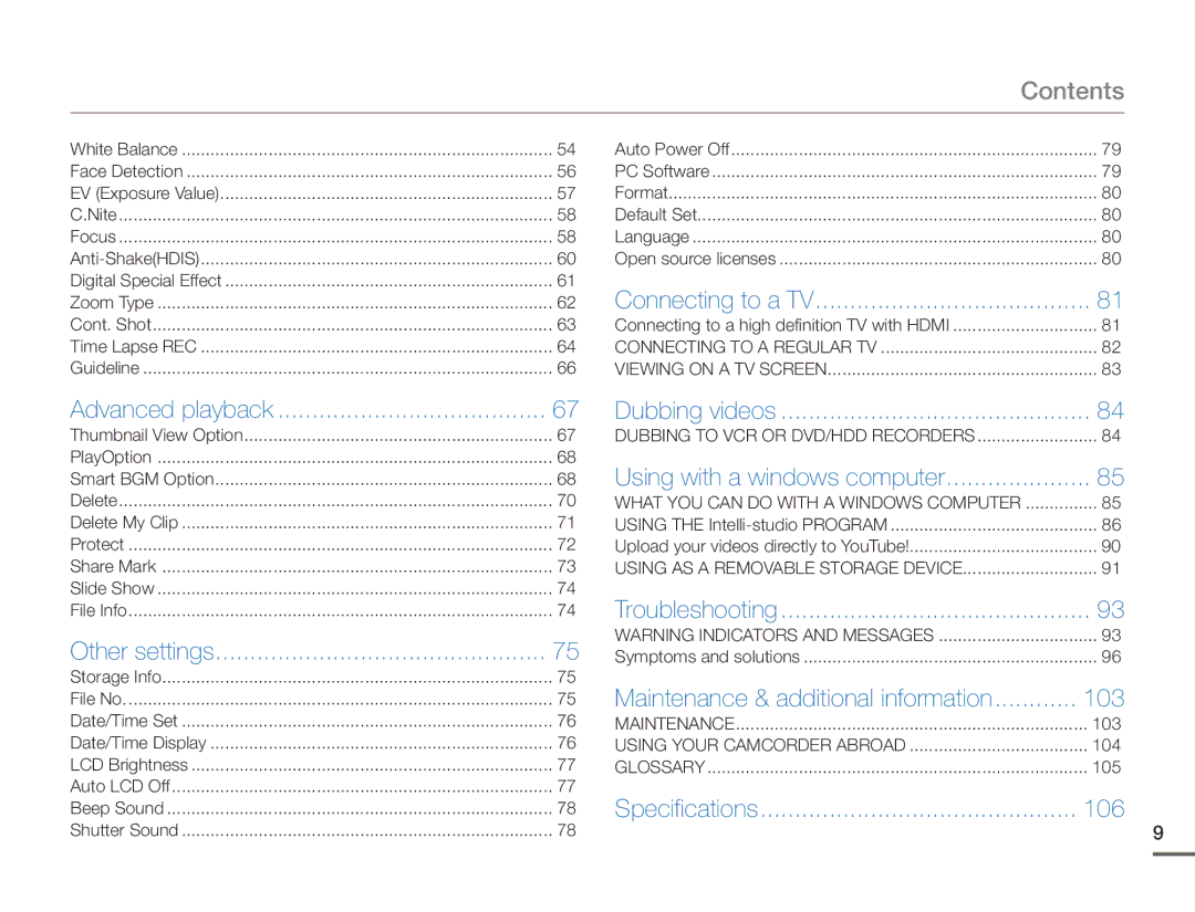 Samsung HMX-F90WN/XAA, HMX-F90BN/XAA user manual Contents 