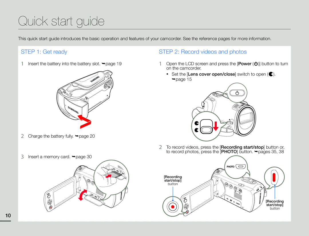 Samsung HMX-F90BN/XAA user manual Quick start guide, Insert the battery into the battery slot. page, On the camcorder 