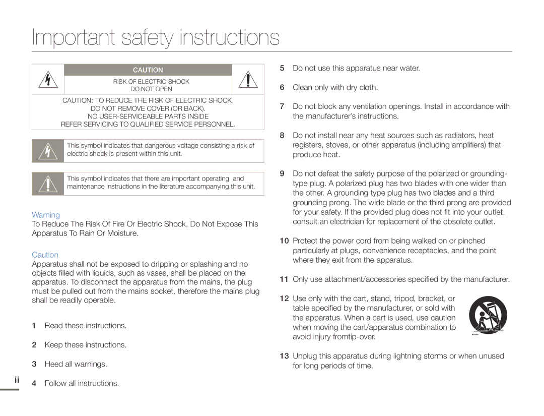 Samsung HMX-F90BN/XAA, HMX-F90WN/XAA user manual Important safety instructions 