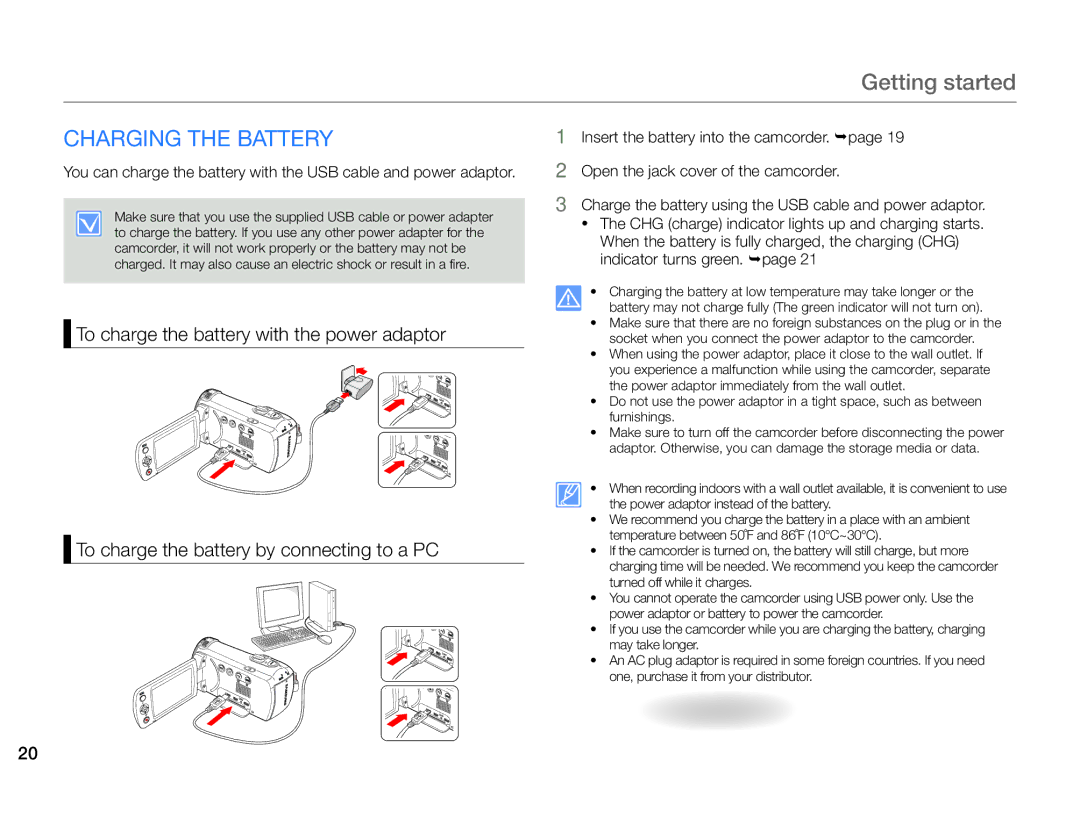 Samsung HMX-F90BN/XAA, HMX-F90WN/XAA user manual Getting started, Charging the Battery 