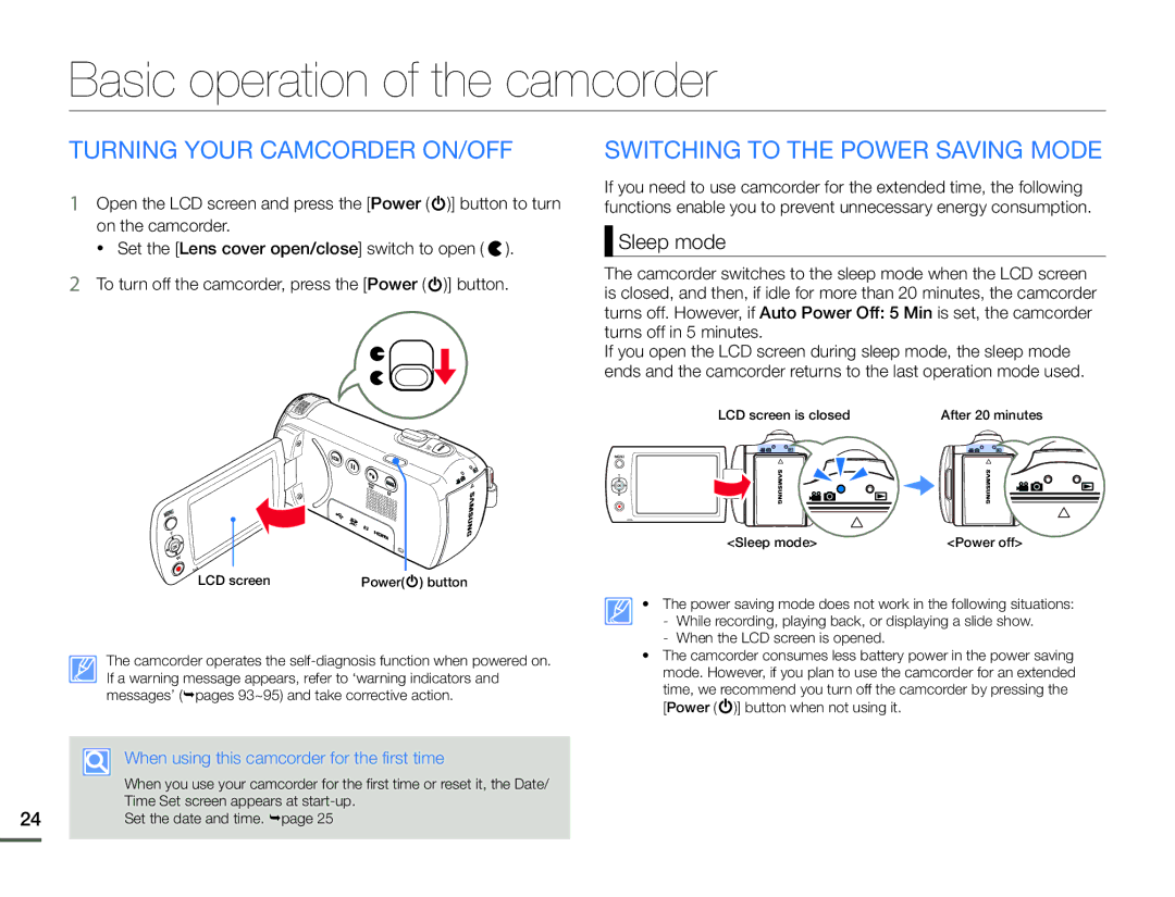 Samsung HMX-F90WN/XAA Basic operation of the camcorder, Turning Your Camcorder ON/OFF, Switching to the Power Saving Mode 