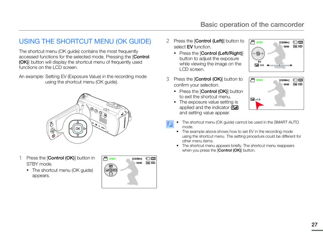 Samsung HMX-F90WN/XAA, HMX-F90BN/XAA Using the Shortcut Menu OK Guide, Press the Control OK button in STBY220Min Stby mode 