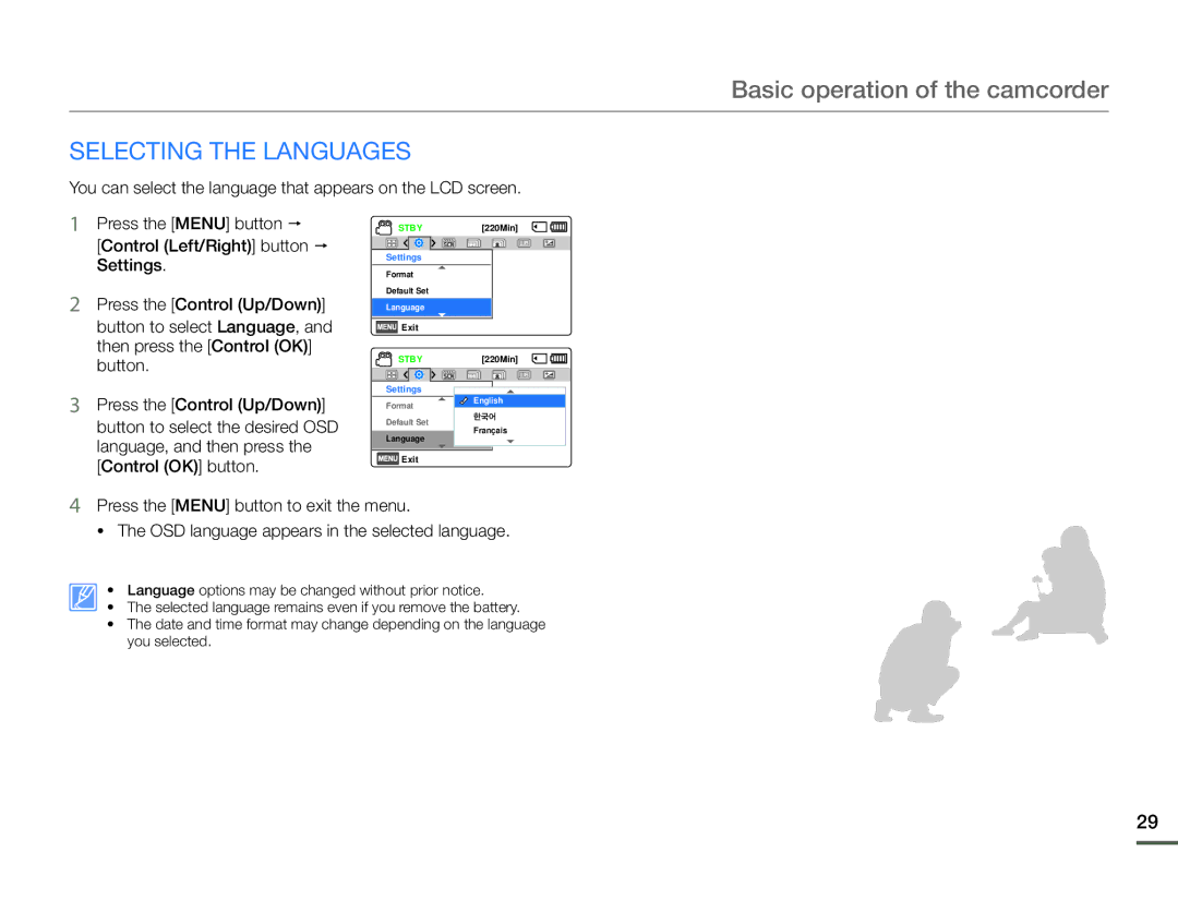 Samsung HMX-F90BN/XAA, HMX-F90WN/XAA user manual Selecting the Languages 