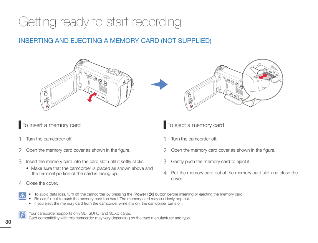 Samsung HMX-F90WN/XAA, HMX-F90BN/XAA Getting ready to start recording, Inserting and Ejecting a Memory Card not Supplied 