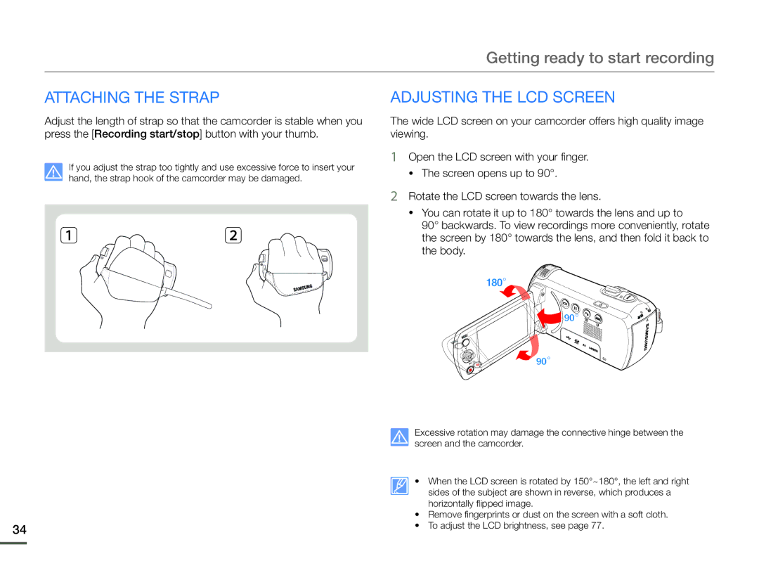 Samsung HMX-F90BN/XAA, HMX-F90WN/XAA user manual Attaching the Strap Adjusting the LCD Screen 