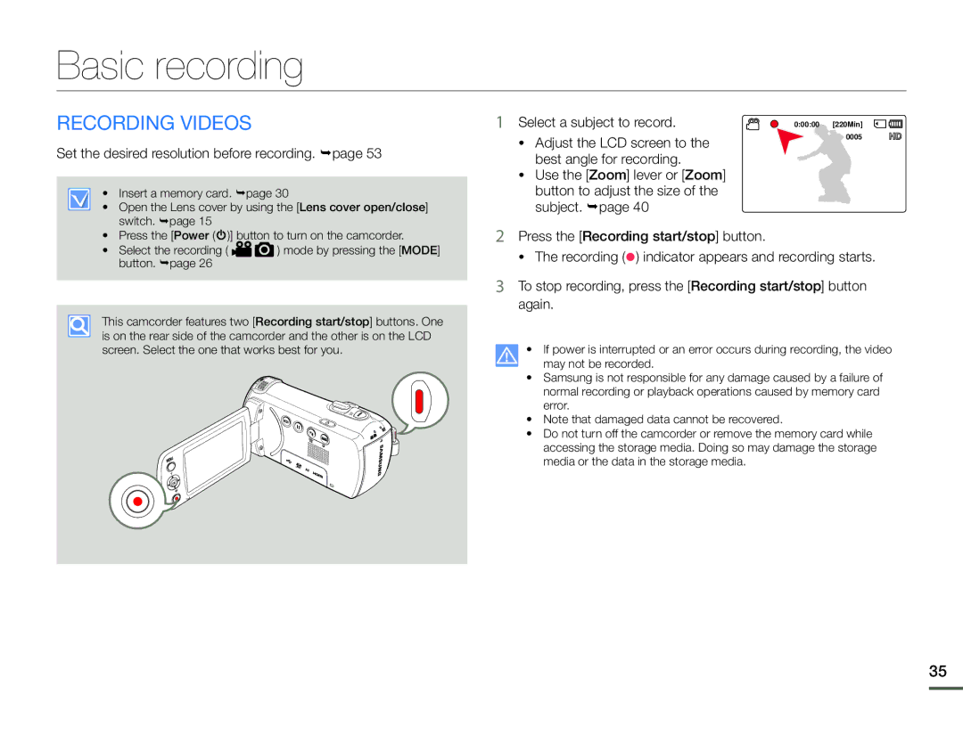 Samsung HMX-F90BN/XAA, HMX-F90WN/XAA Basic recording, Recording Videos, Set the desired resolution before recording. page 