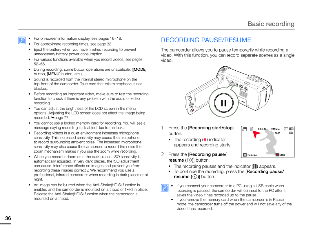 Samsung HMX-F90WN/XAA, HMX-F90BN/XAA user manual Basic recording, RecordING pause/RESUME 