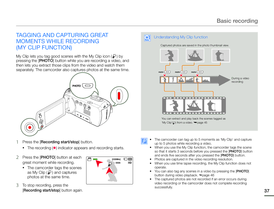 Samsung HMX-F90BN/XAA user manual Camcorder tags the scenes, To stop recording, press Recording start/stop button again 