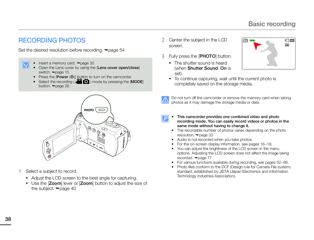 Samsung HMX-F90BN/XAA, HMX-F90WN/XAA user manual Recording Photos, Set the desired resolution before recording. page 