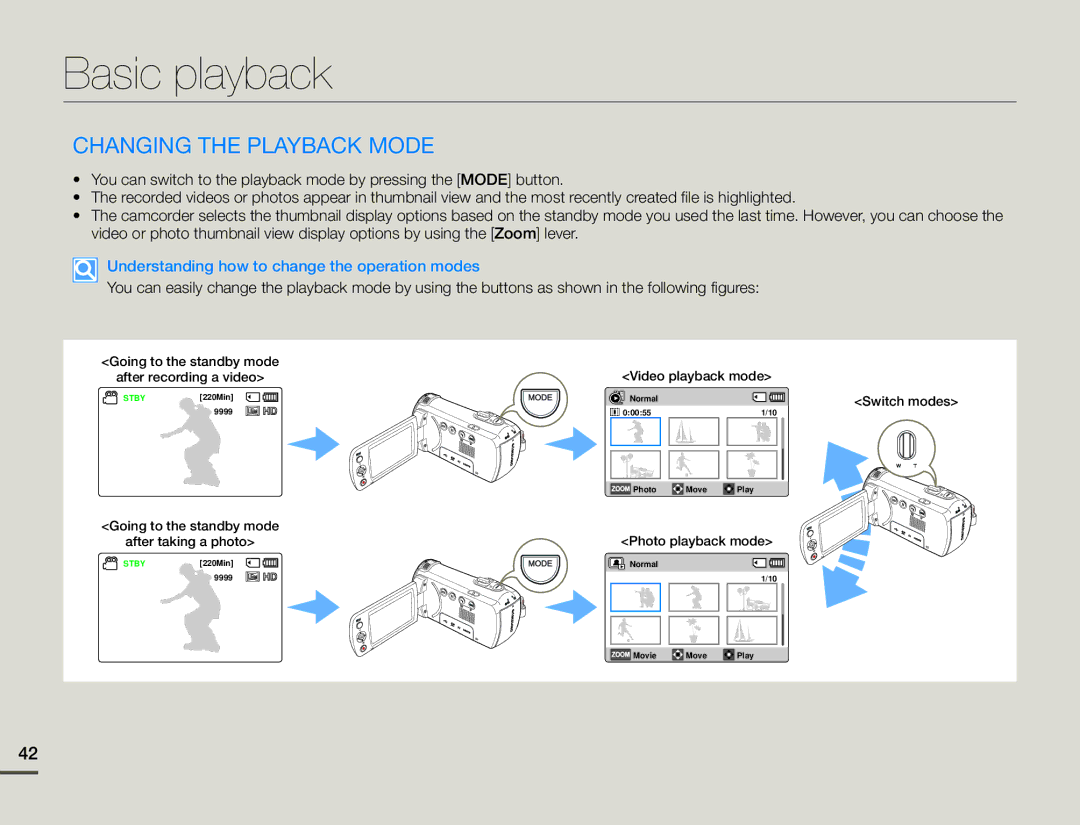 Samsung HMX-F90WN/XAA Basic playback, Changing the Playback Mode, Understanding how to change the operation modes 