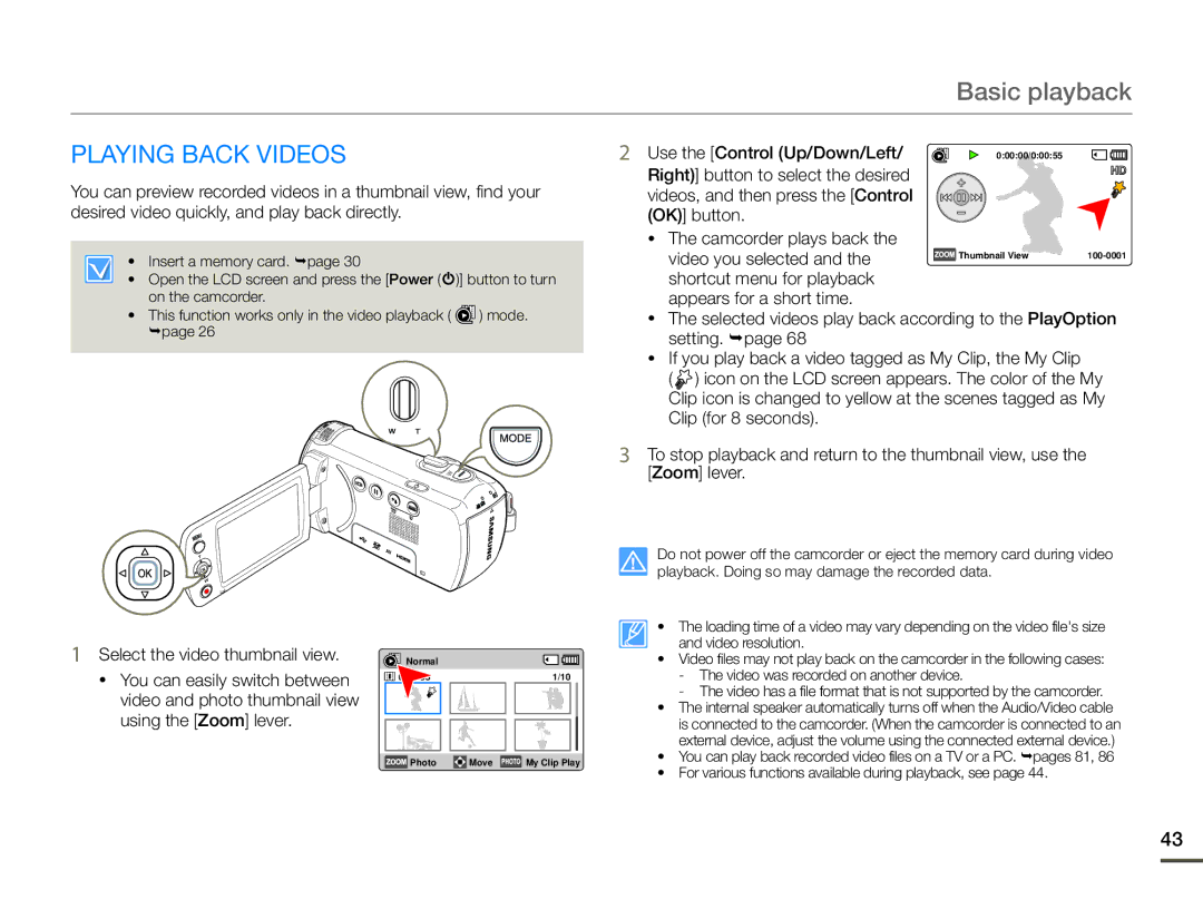 Samsung HMX-F90BN/XAA, HMX-F90WN/XAA user manual Basic playback, Playing Back Videos 