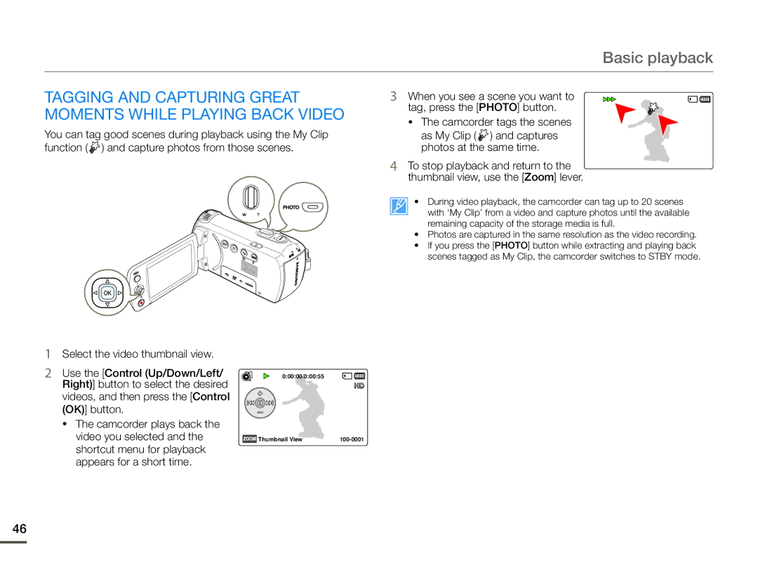 Samsung HMX-F90BN/XAA, HMX-F90WN/XAA user manual Tagging and capturing great moments while playing back video 