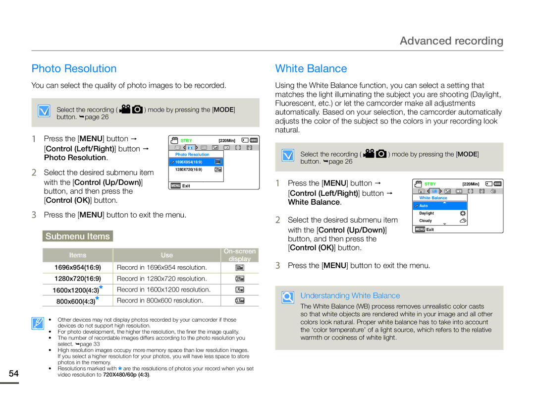 Samsung HMX-F90WN/XAA, HMX-F90BN Photo Resolution White Balance, You can select the quality of photo images to be recorded 