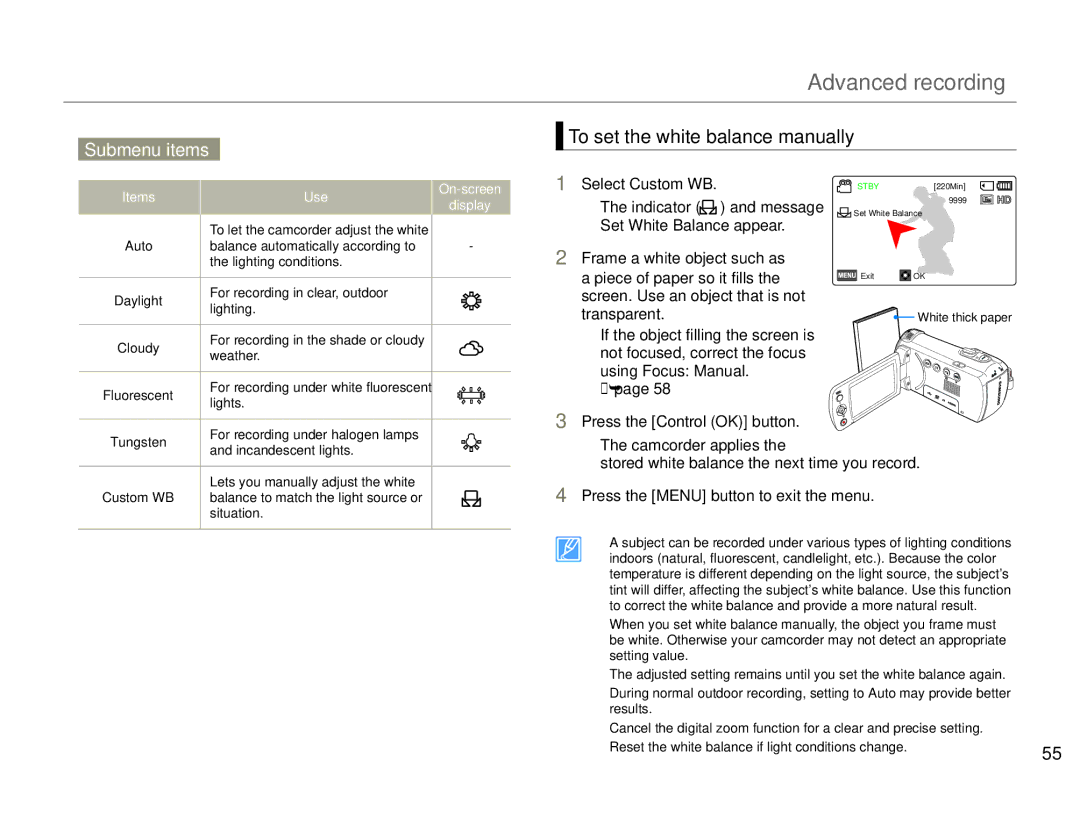 Samsung HMX-F90BN/XAA, HMX-F90WN/XAA user manual To set the white balance manually, Select Custom WB, Indicator Message 