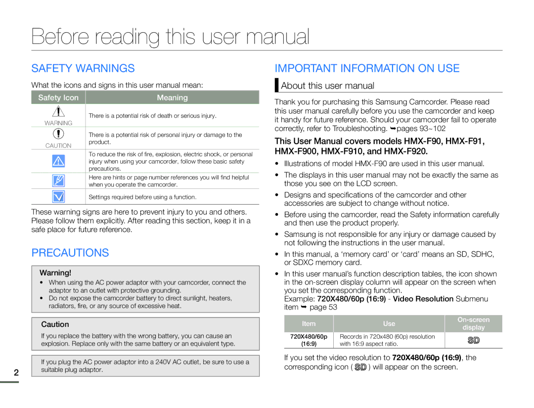 Samsung HMX-F90BN/XAA, HMX-F90WN/XAA Safety Warnings, Precautions, Important Information on USE, Use On-screen Display 