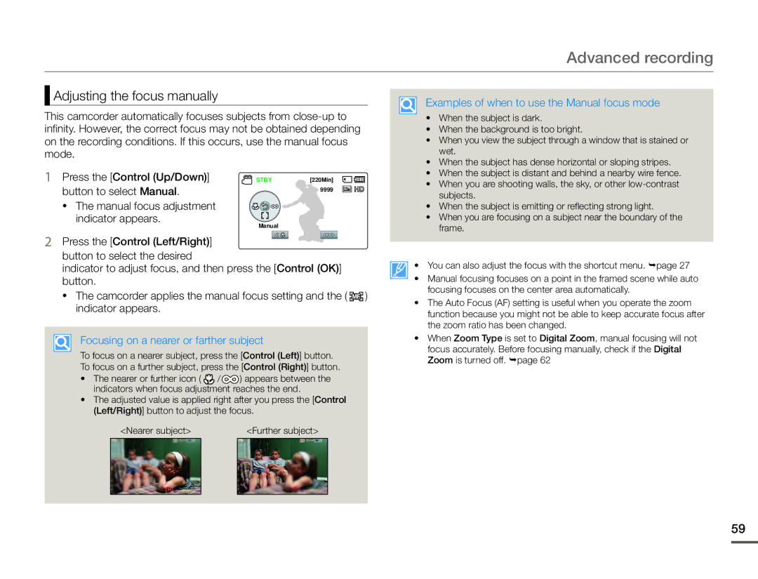 Samsung HMX-F90BN/XAA, HMX-F90WN/XAA user manual Adjusting the focus manually, Examples of when to use the Manual focus mode 