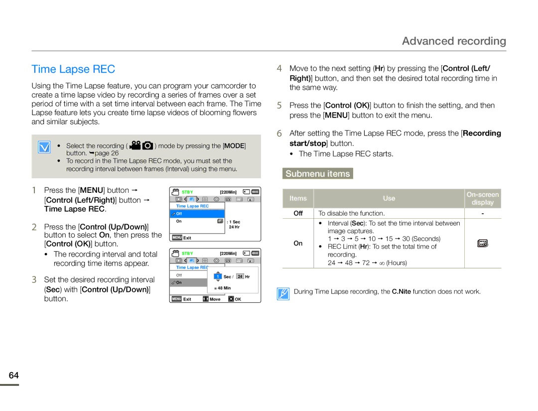 Samsung HMX-F90BN/XAA, HMX-F90WN/XAA user manual Time Lapse REC starts 