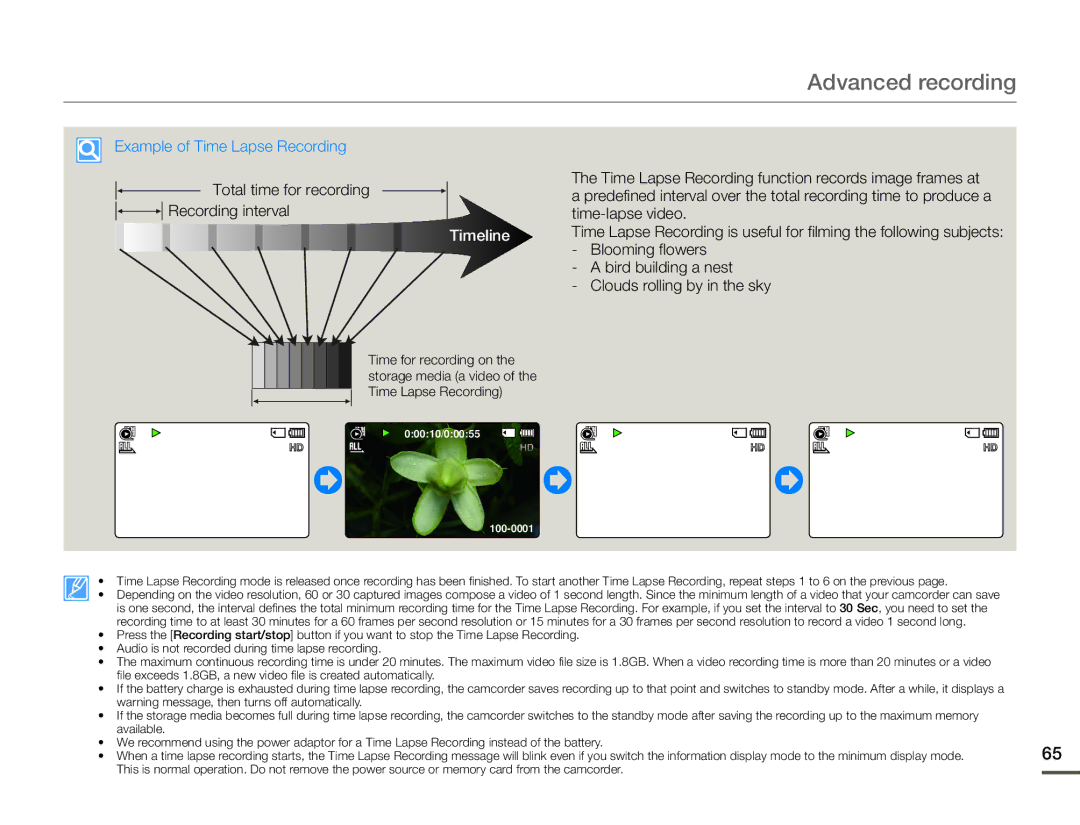 Samsung HMX-F90BN/XAA user manual Example of Time Lapse Recording, Time-lapse video, Blooming flowers, Bird building a nest 