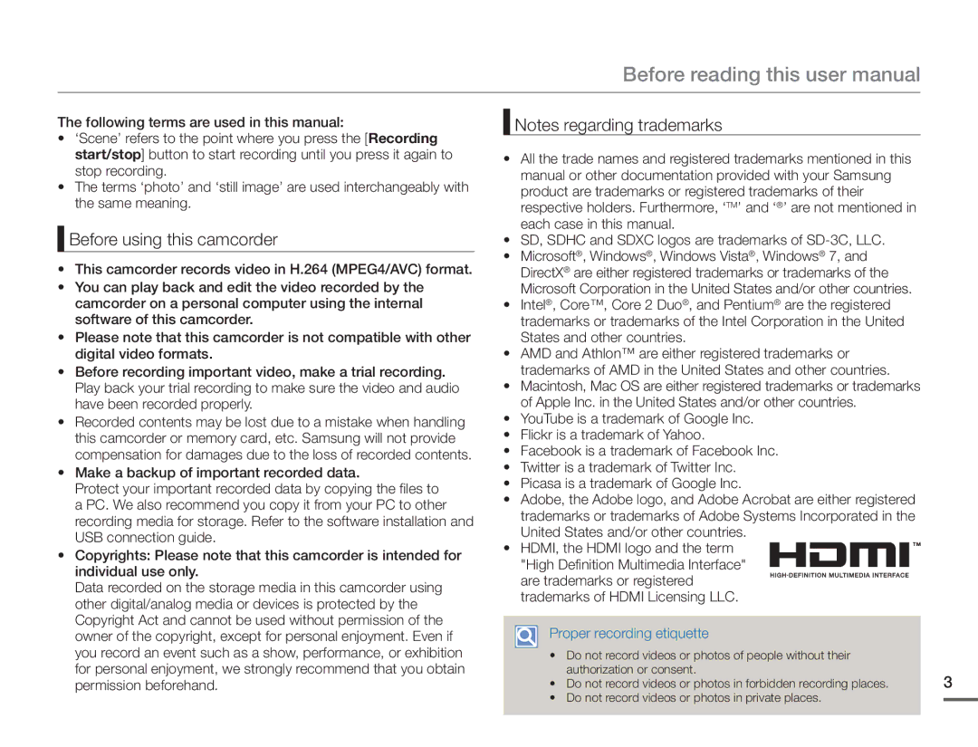 Samsung HMX-F90WN/XAA, HMX-F90BN/XAA user manual Before using this camcorder, Proper recording etiquette 