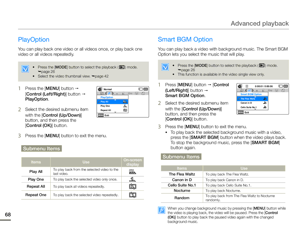 Samsung HMX-F90BN/XAA, HMX-F90WN/XAA user manual Advanced playback, PlayOption, Smart BGM Option 