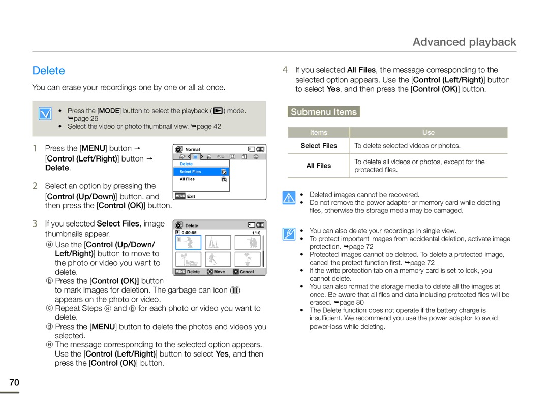 Samsung HMX-F90BN/XAA, HMX-F90WN/XAA user manual Delete 