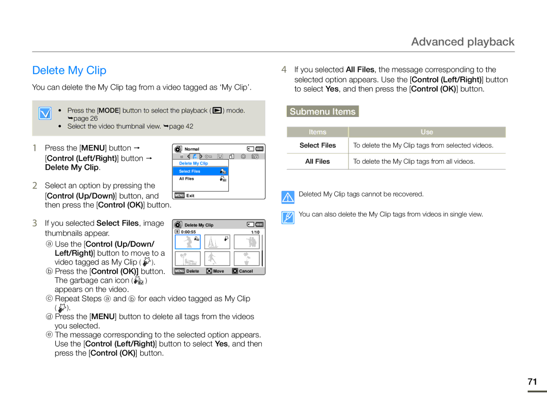 Samsung HMX-F90BN/XAA, HMX-F90WN/XAA user manual Delete My Clip 