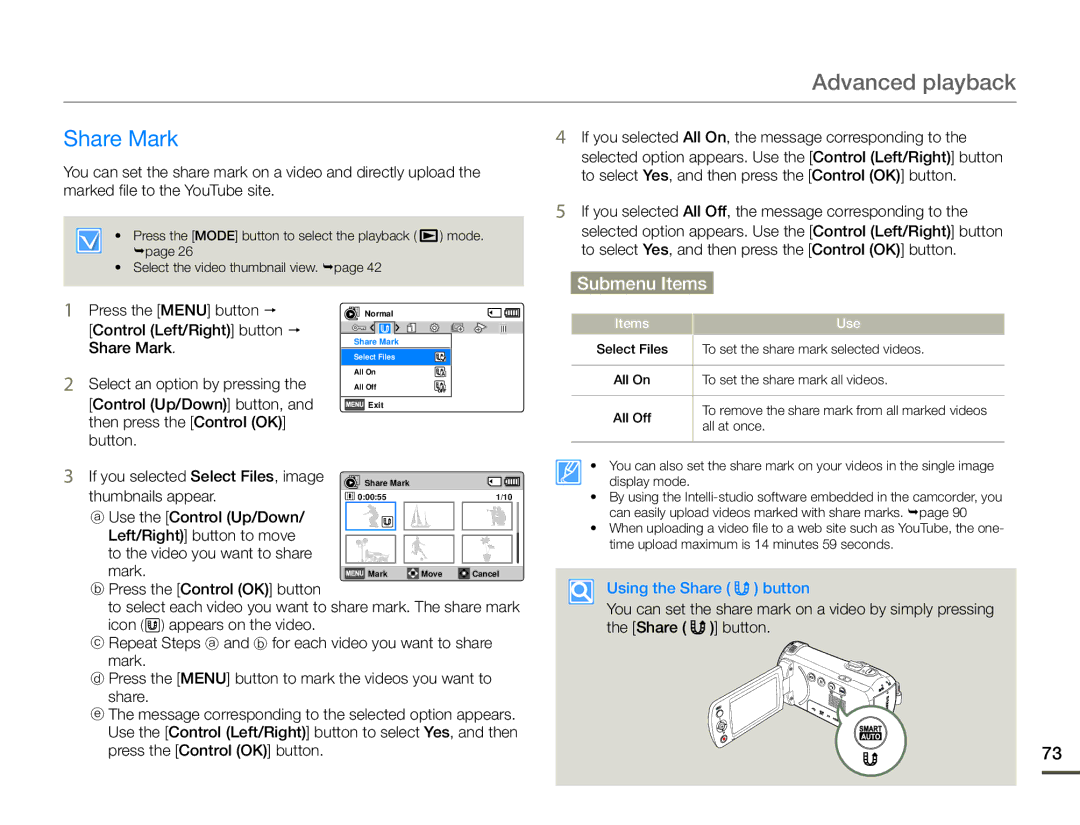 Samsung HMX-F90BN/XAA, HMX-F90WN/XAA user manual Share Mark, Using the Share button 