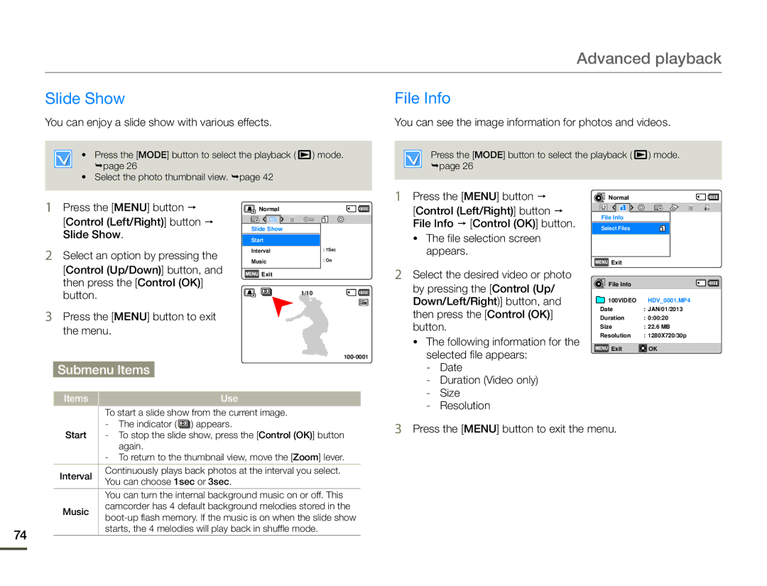 Samsung HMX-F90BN/XAA, HMX-F90WN/XAA user manual Slide Show File Info 