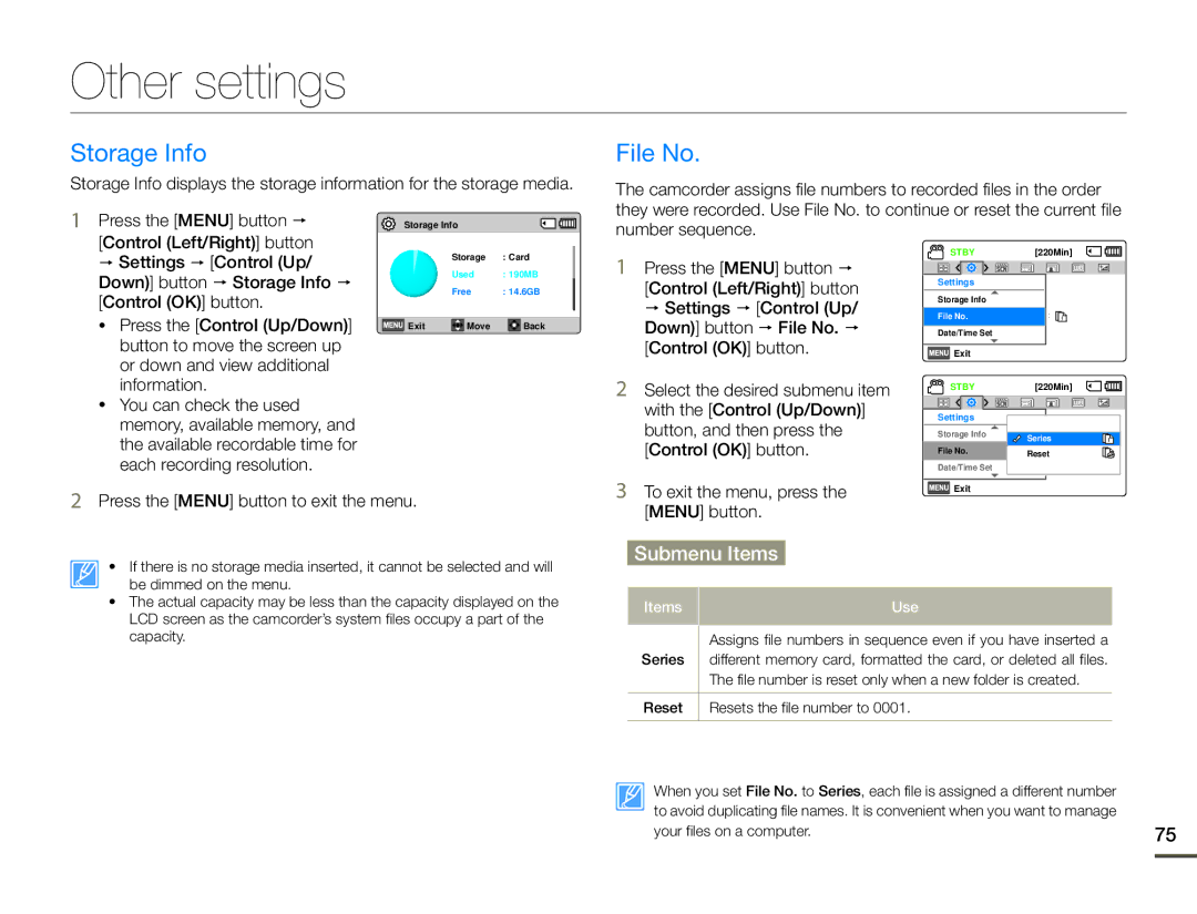 Samsung HMX-F90WN/XAA, HMX-F90BN/XAA user manual Other settings, Storage Info, File No 