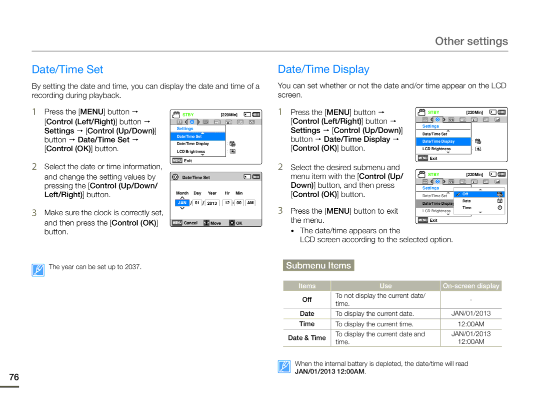 Samsung HMX-F90BN/XAA, HMX-F90WN/XAA user manual Other settings, Date/Time Set Date/Time Display 