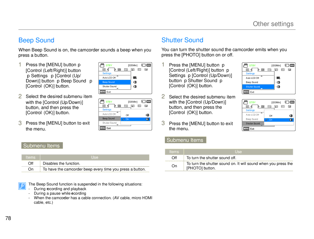 Samsung HMX-F90WN/XAA, HMX-F90BN/XAA user manual Beep Sound, Button  Shutter Sound  