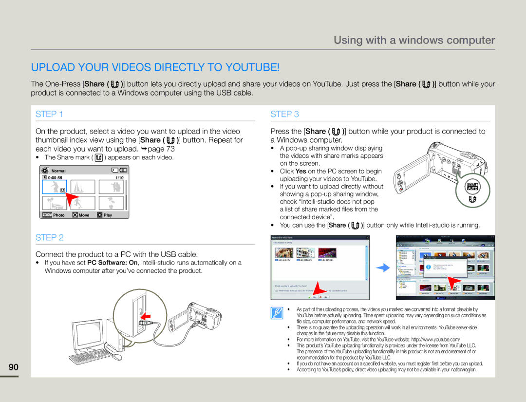 Samsung HMX-F90WN/XAA, HMX-F90BN Upload your videos directly to YouTube, Connect the product to a PC with the USB cable 