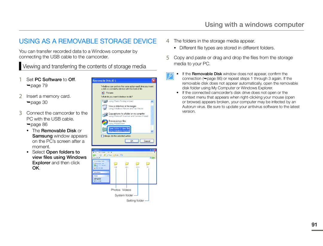 Samsung HMX-F90BN user manual Using AS a Removable Storage Device, Viewing and transferring the contents of storage media 