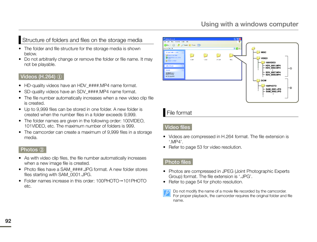 Samsung HMX-F90BN/XAA, HMX-F90WN/XAA user manual Videos H.264 ①, Photos ②, Video files, Photo files 