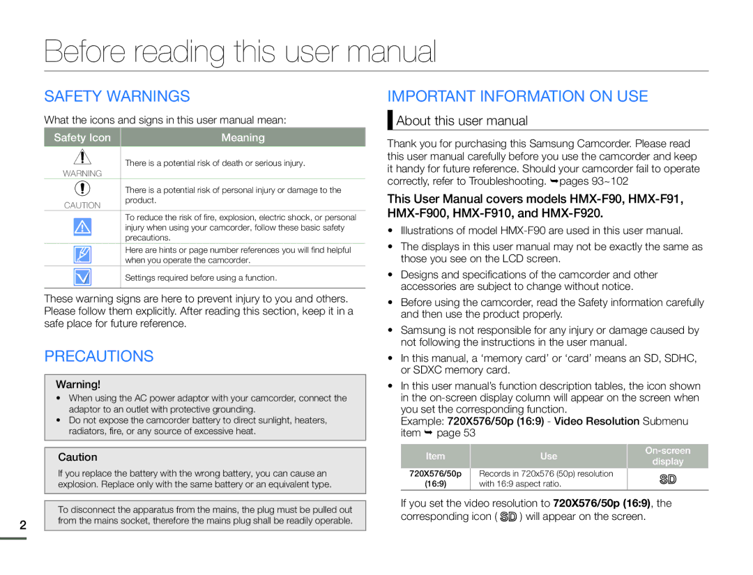 Samsung HMX-F90WP/EDC, HMX-F90BP/EDC Safety Warnings, Precautions, Important Information on USE, Use On-screen Display 