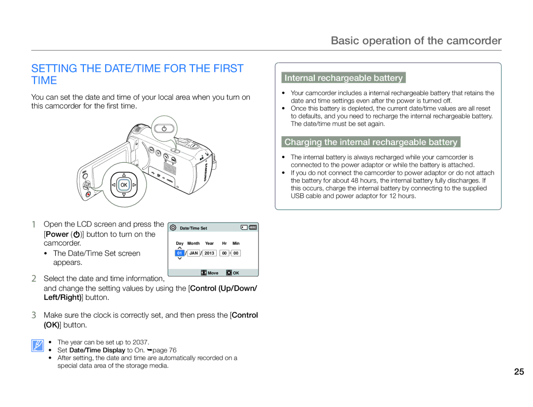 Samsung HMX-F900BP/EDC, HMX-F90BP/EDC manual Basic operation of the camcorder, Setting the DATE/TIME for the First Time 