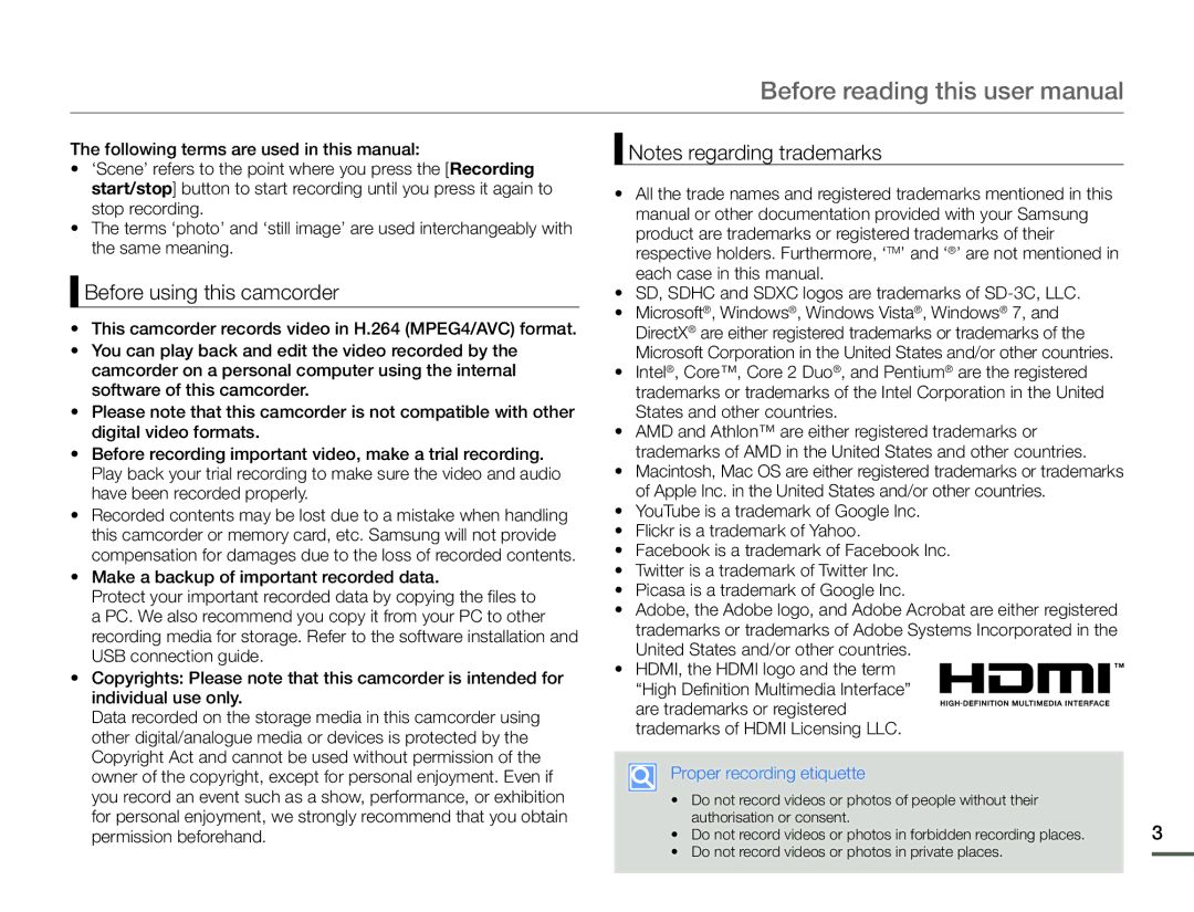 Samsung HMX-F900BP/EDC, HMX-F90BP/EDC, HMX-F900WP/EDC, HMX-F90WP/EDC Before using this camcorder, Proper recording etiquette 