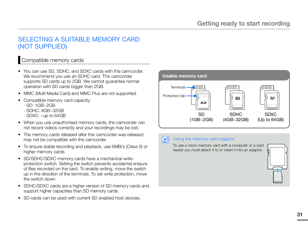 Samsung HMX-F90BP/XEK Getting ready to start recording, Selecting a Suitable Memory Card not Supplied, 1GB~2GB 4GB~32GB 