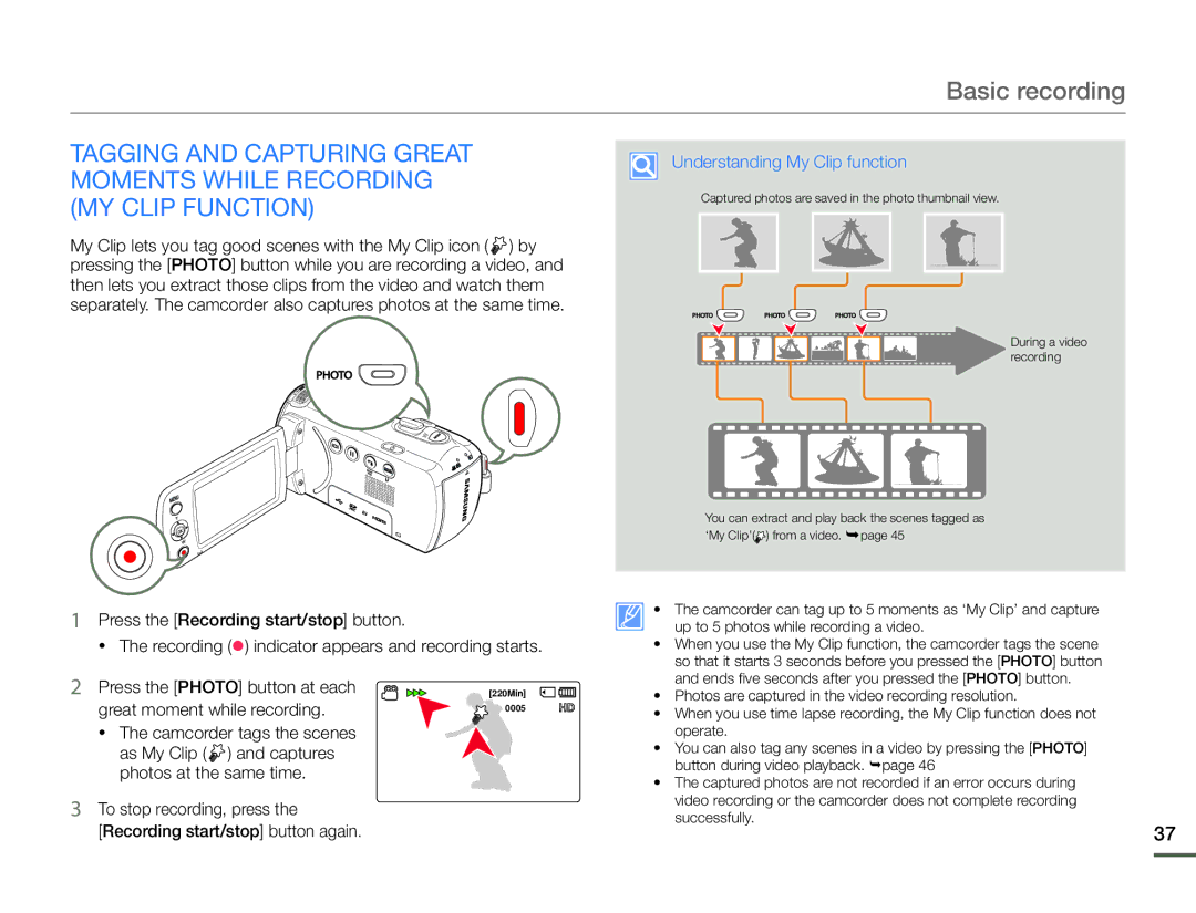 Samsung HMX-F90BP/XIL, HMX-F90BP/EDC Camcorder tags the scenes, To stop recording, press Recording start/stop button again 