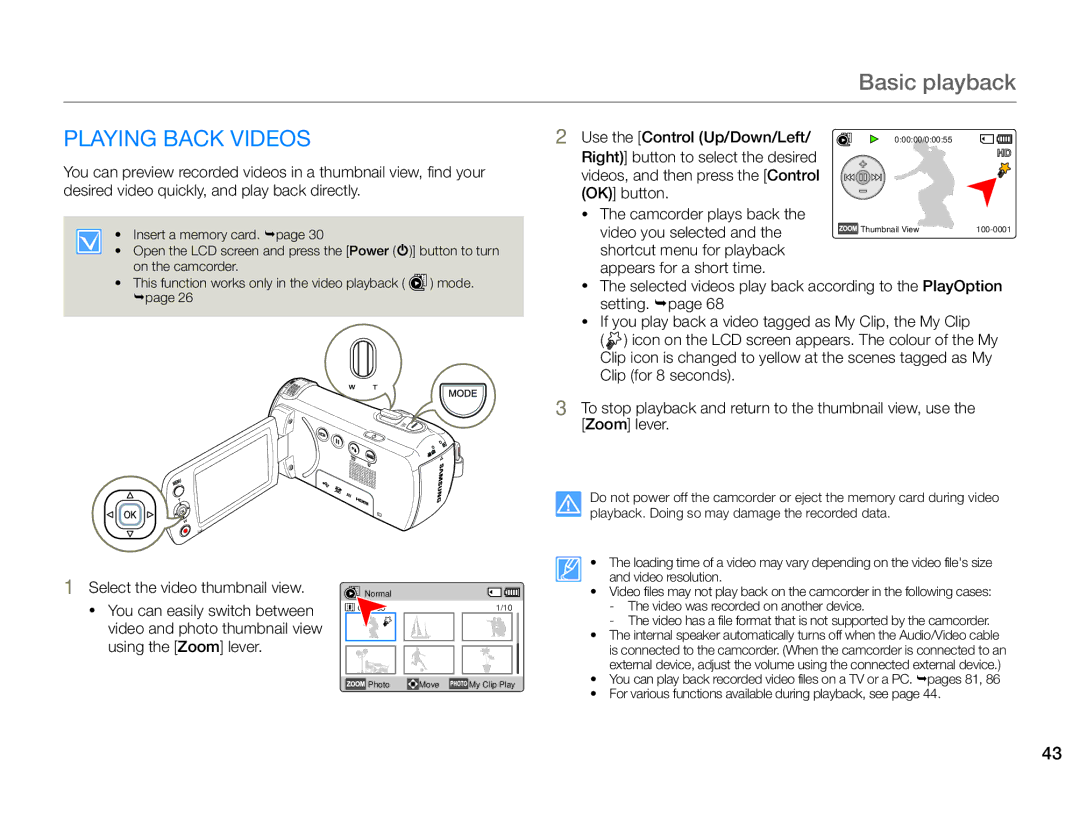 Samsung HMX-F90BP/MEA, HMX-F90BP/EDC, HMX-F900WP/EDC, HMX-F90WP/EDC, HMX-F900BP/EDC manual Basic playback, Playing Back Videos 