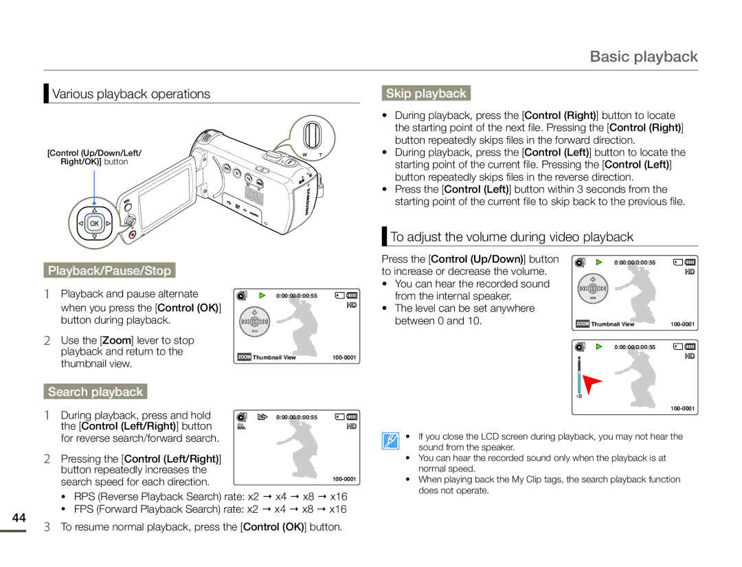 Samsung HMX-F90BP/EDC manual Various playback operations, Skip playback, To adjust the volume during video playback 