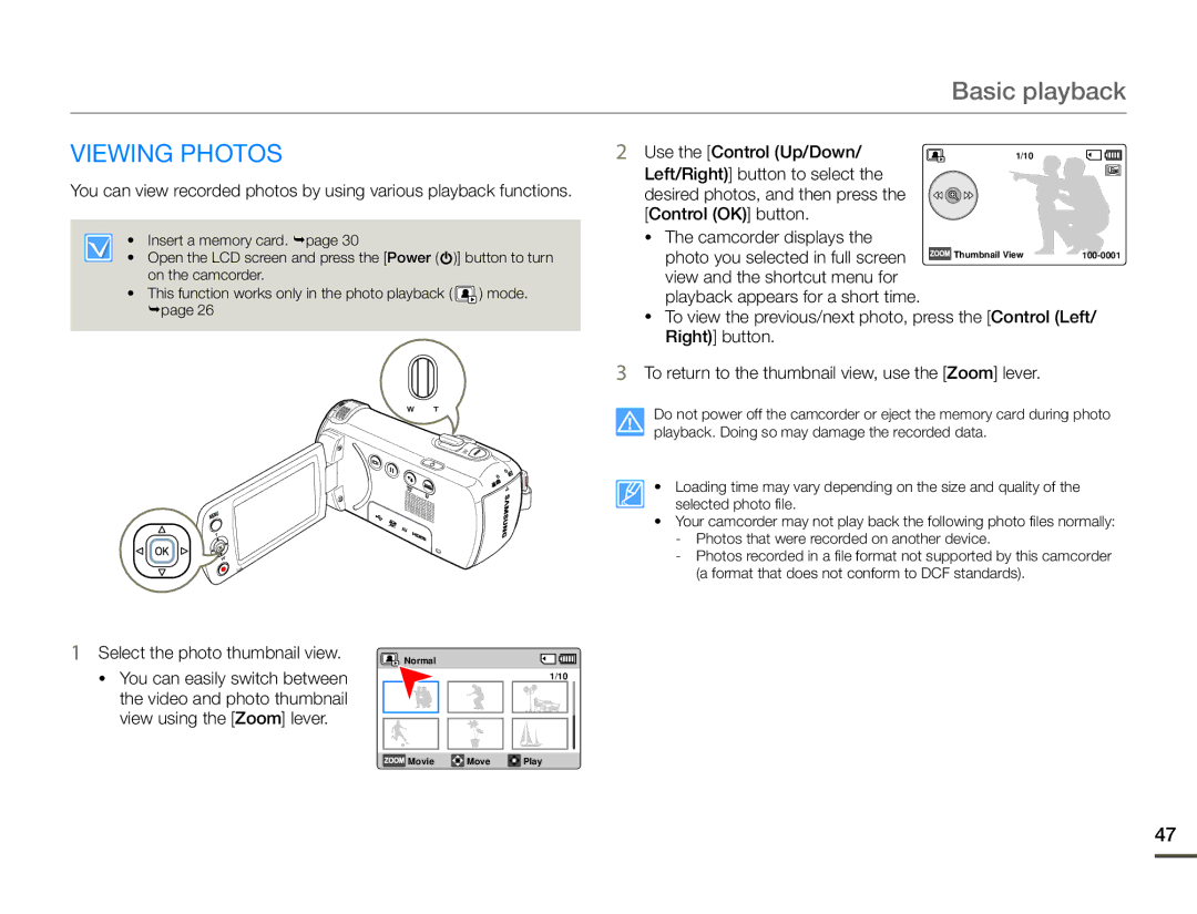 Samsung HMX-F900BP/EDC, HMX-F90BP/EDC, HMX-F900WP/EDC, HMX-F90WP/EDC manual Viewing Photos, Select the photo thumbnail view 