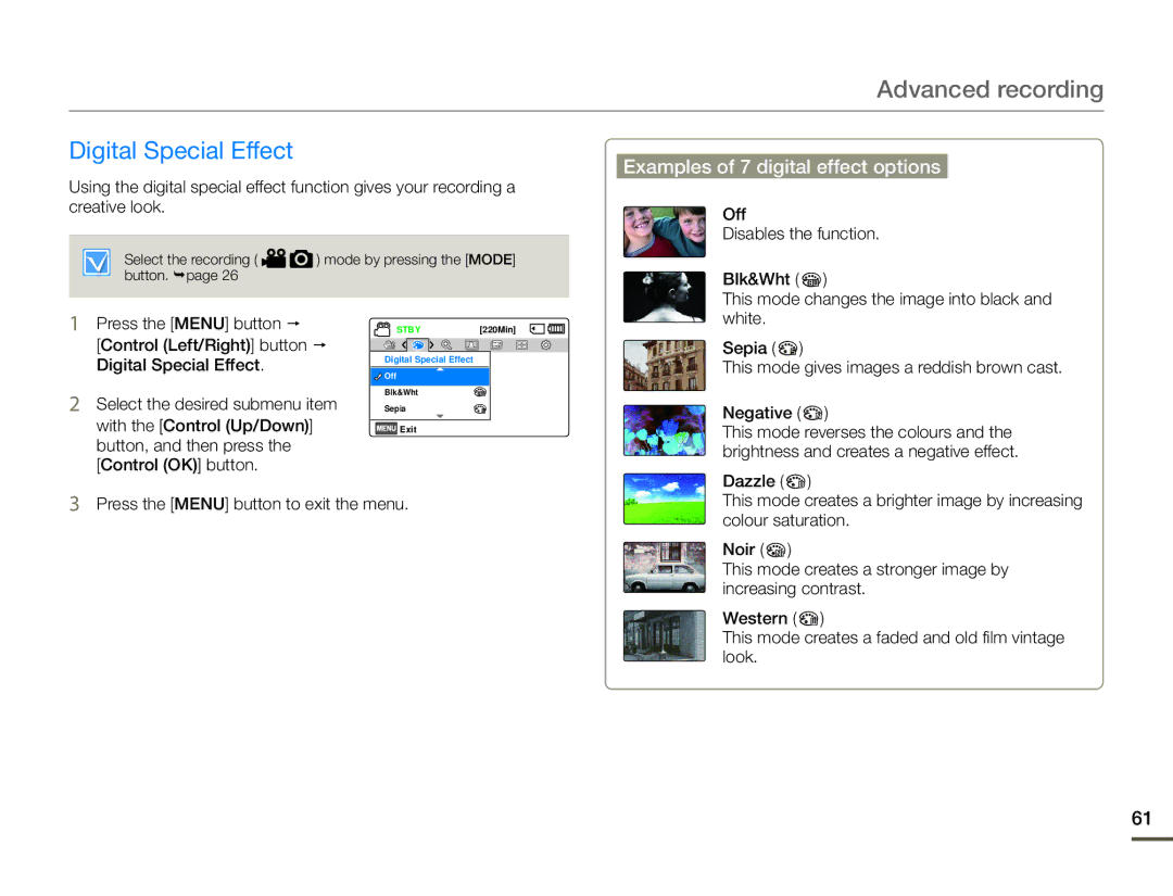 Samsung HMX-F90WP/XEK, HMX-F90BP/EDC, HMX-F900WP/EDC manual Digital Special Effect, Examples of 7 digital effect options 