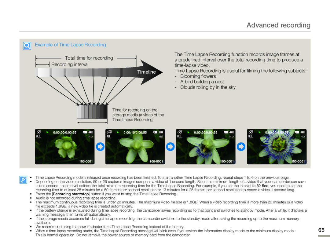 Samsung HMX-F90BP/MEA manual Example of Time Lapse Recording, Time-lapse video, Blooming flowers, Bird building a nest 